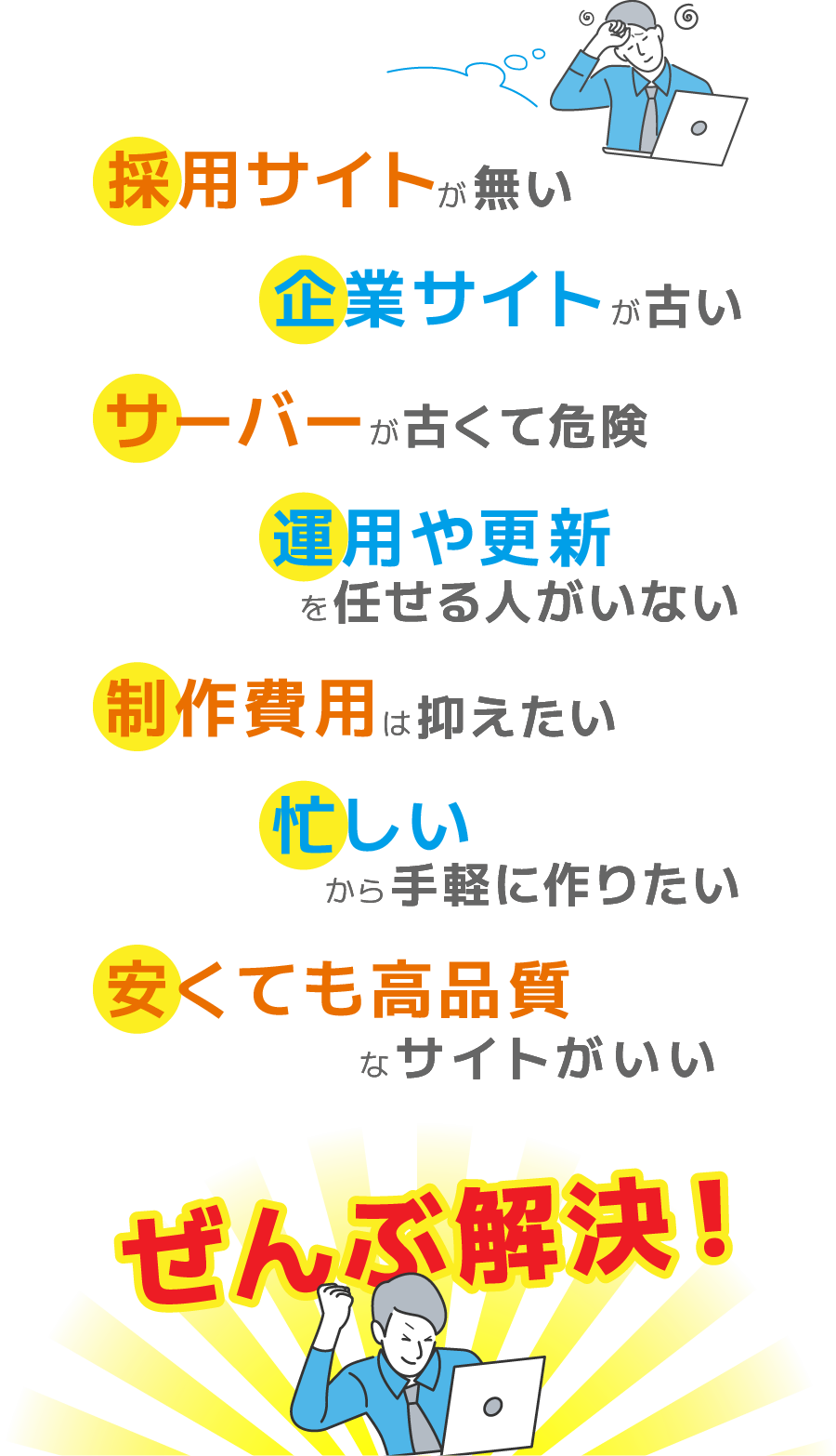 採用サイトが無い / 企業サイトが古い / サーバーが古くて危険 / 運用や更新を任せる人がいない / 制作費用は抑えたい / 忙しいから手軽に作りたい / 安くても高品質なサイトがいい / ぜんぶ解決！