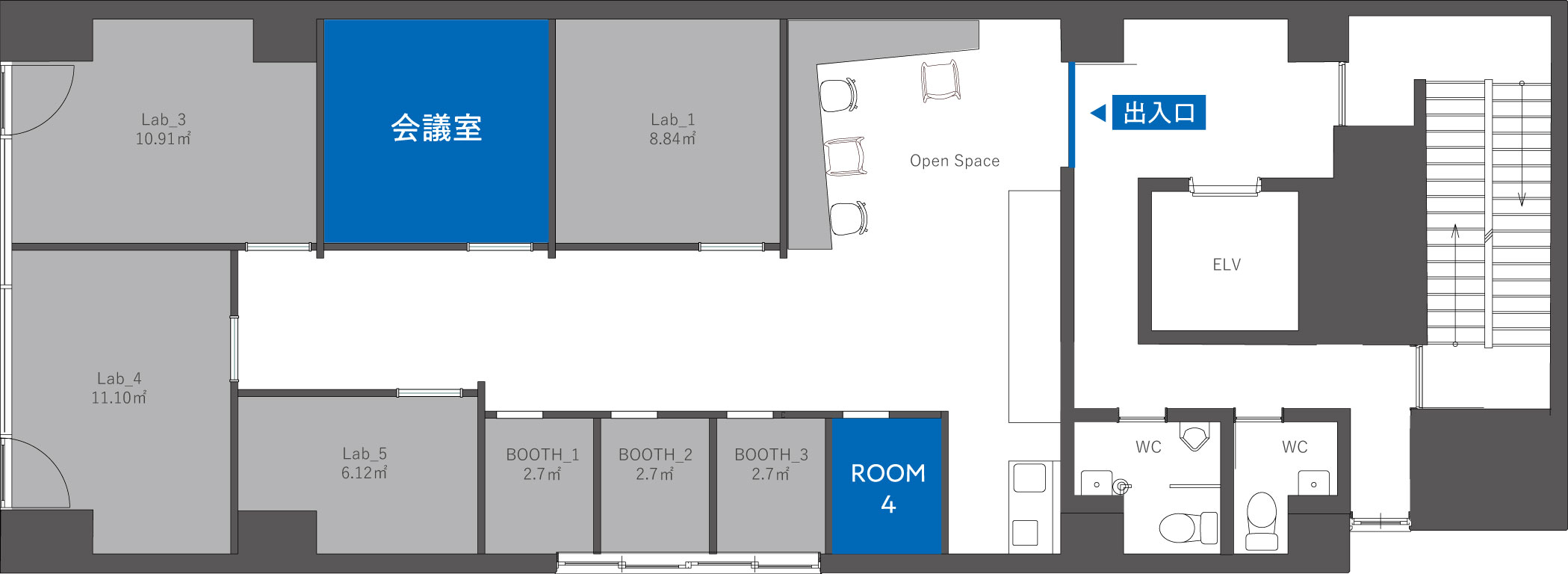 施設内に入って右手にある部屋のうち、最も手前にあるのがROOM4にあたる。左手にある部屋のうち、手前から2番目にあるのがレンタルオフィスにあたる。